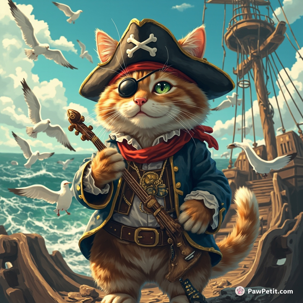 A pirate cat with a peg leg, eye-patch, and tricorn hat using fish bones to conduct an orchestra of singing seagulls on a shipwreck.