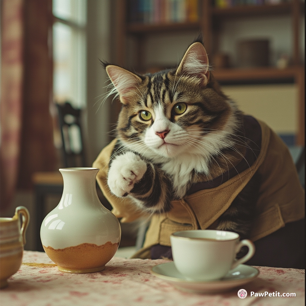 The cat, pretending to be human, knocks over a vase while attempting to sip tea with its paw.