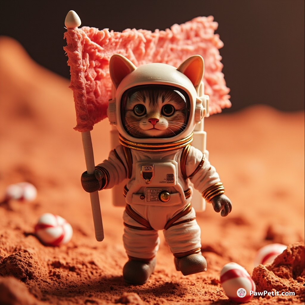 A felidae astronaut, proudly lifting a flag made of fairy-tales on Mars whose red terrain comprises peppermint candy.