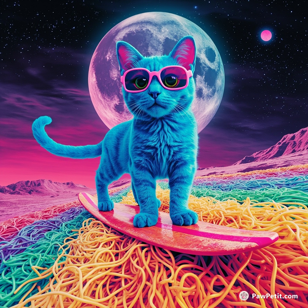 A neon blue cat surfing on a tide of rainbow spaghetti, against a psychedelic lunar backdrop.