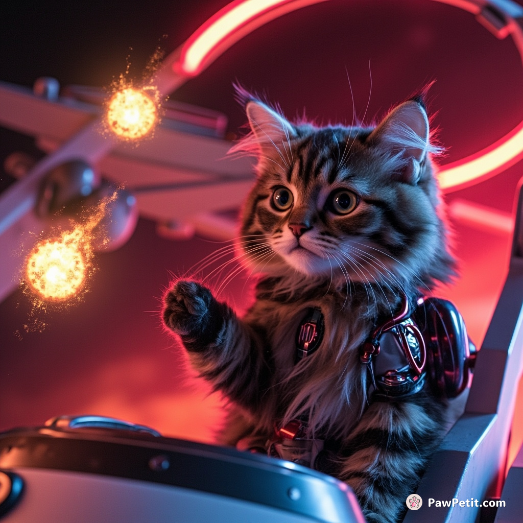Cyborg cat juggling flaming cosmic spheroids in neon spaceship cockpit on Mars.