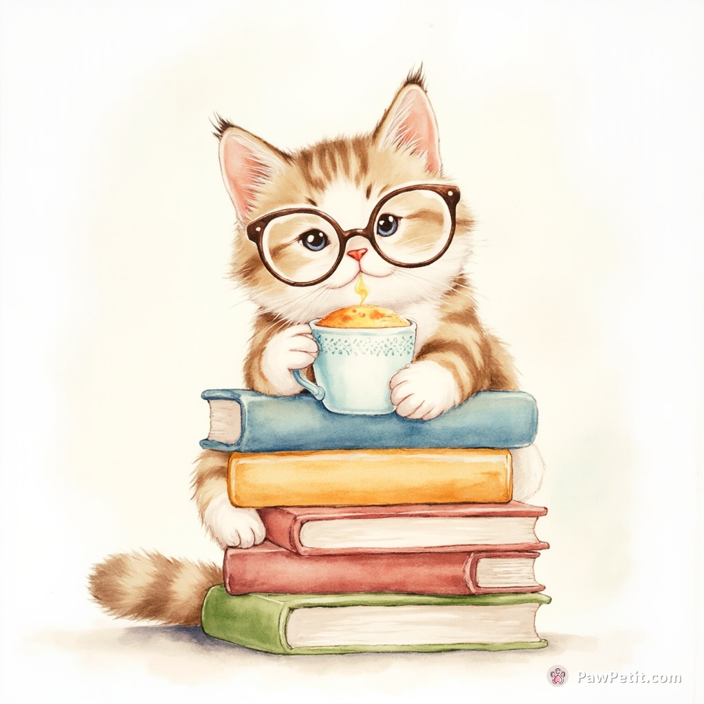 Cat dons tiny glasses, sips imaginary tea, and perches on a stack of books, pretending to read.