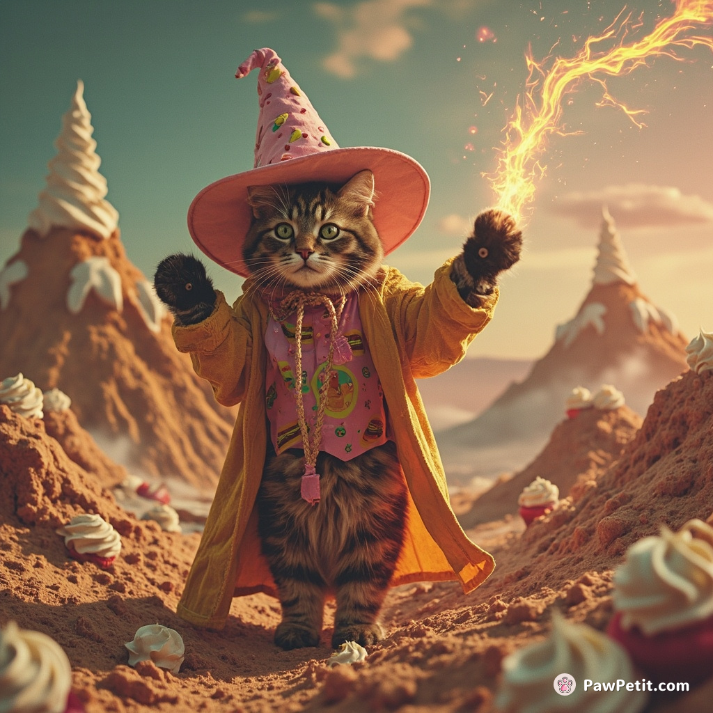 Cat dressed as a wizard casting cheeseburger spells in an ice cream volcano terrain.