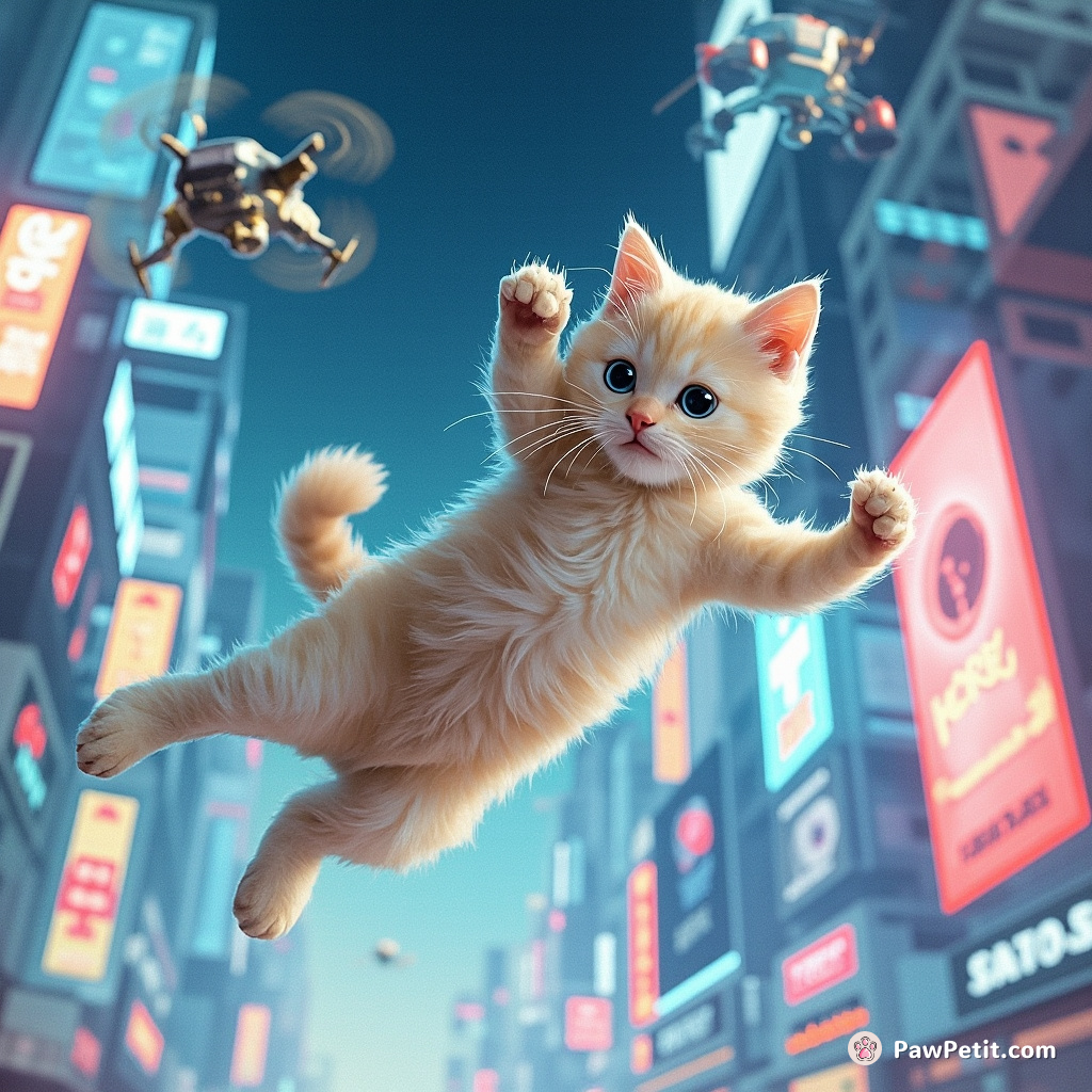 A cat leaps between floating holographic billboards, deftly dodging automated drones, in a neon-lit metropolis.