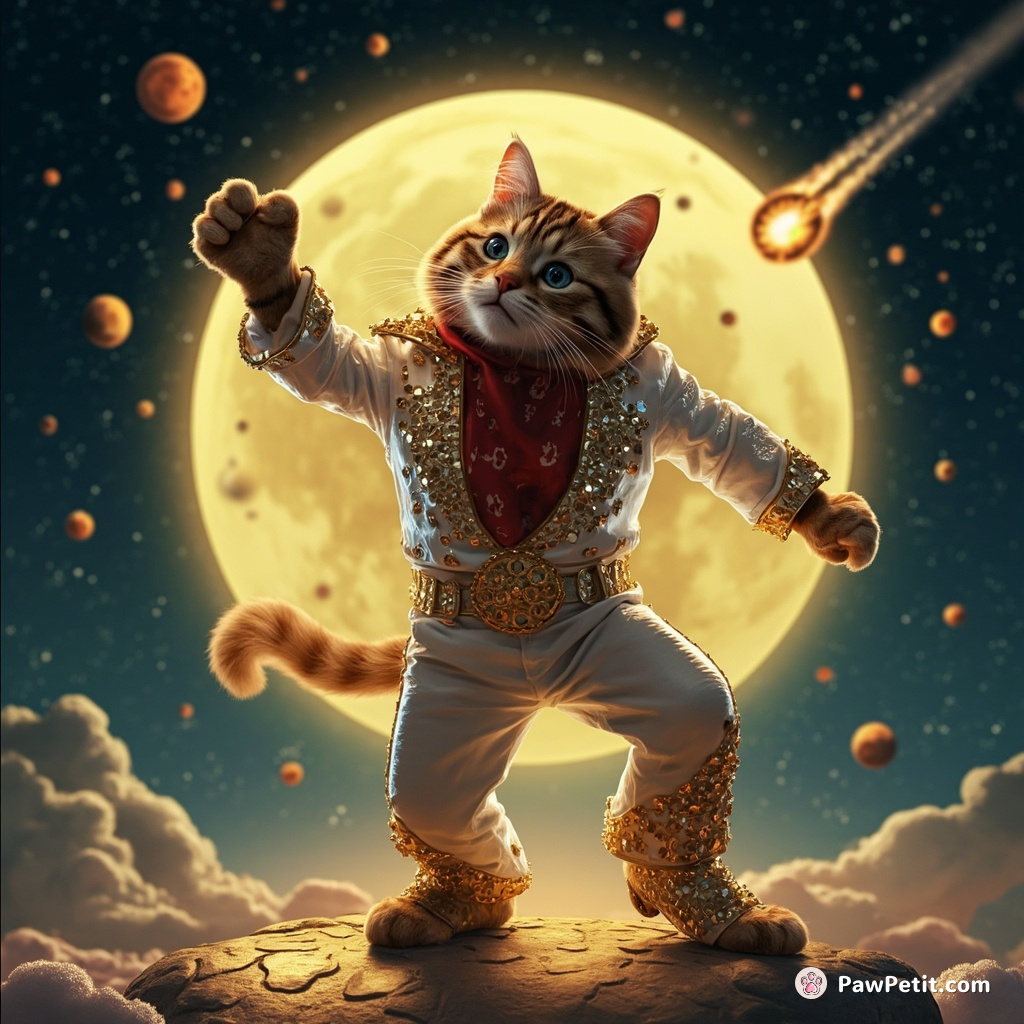Giant cat tap-dancing on a moon shaped like a disco ball, wearing Elvis Presley's sequined suit, while comets whiz by.