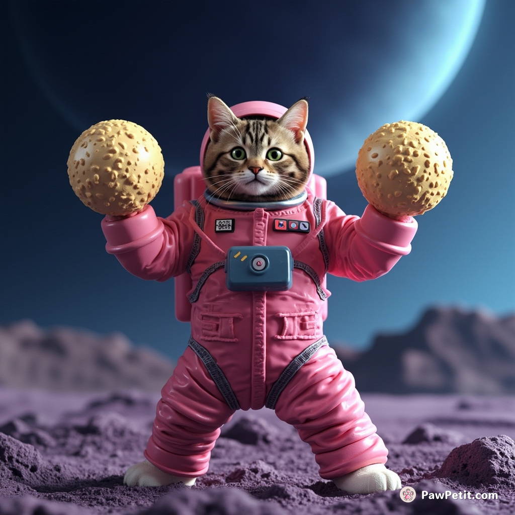 A muscular cat weightlifting moon-cheese dumbbells on the surface of Neptune while wearing a pink astronaut suit.