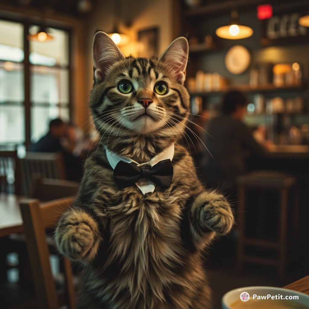Cat stands on hind legs, ties a bow tie, and attempts to order a latte at the local café.