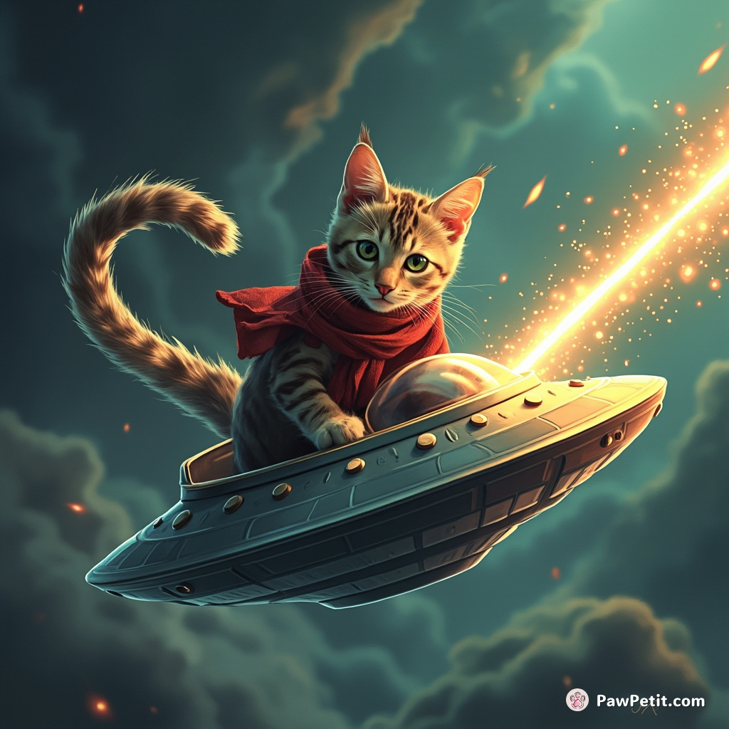 A sleek feline deftly pilots a hovering saucer, juggling laser beams with its tail.