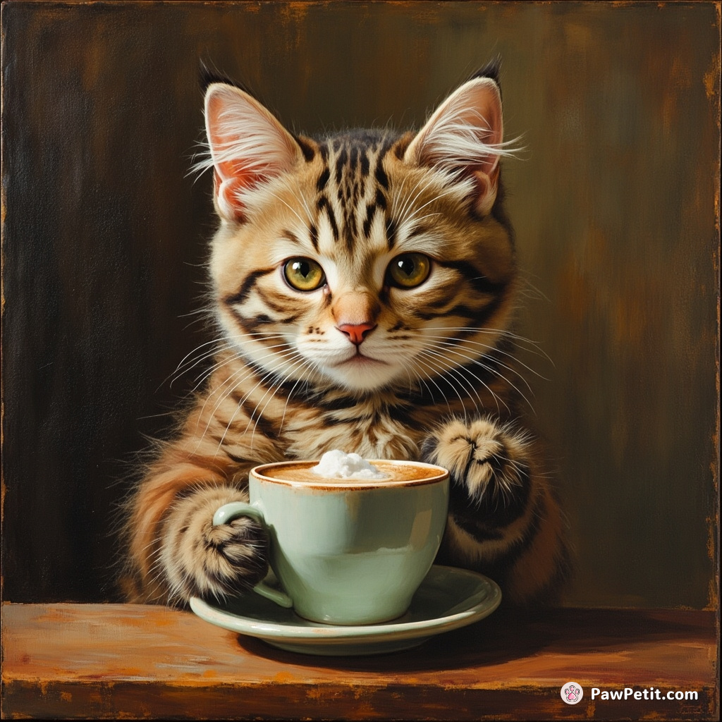 In a twist of feline fantasy, a curious cat adopts her own morning brewing routine, to savour lapping latte foam.