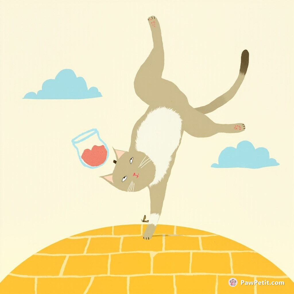 Cat doing cartwheels on a yellow brick road, painted with blue clouds, all while balancing a fishbowl on its tail.