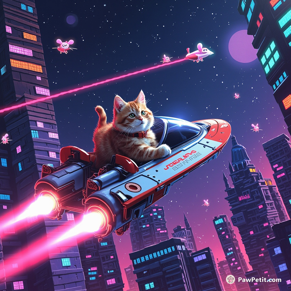 Cat-powered spaceship zigzags across neon skyscrapers, chasing hologram mice in a futuristic metropolis.