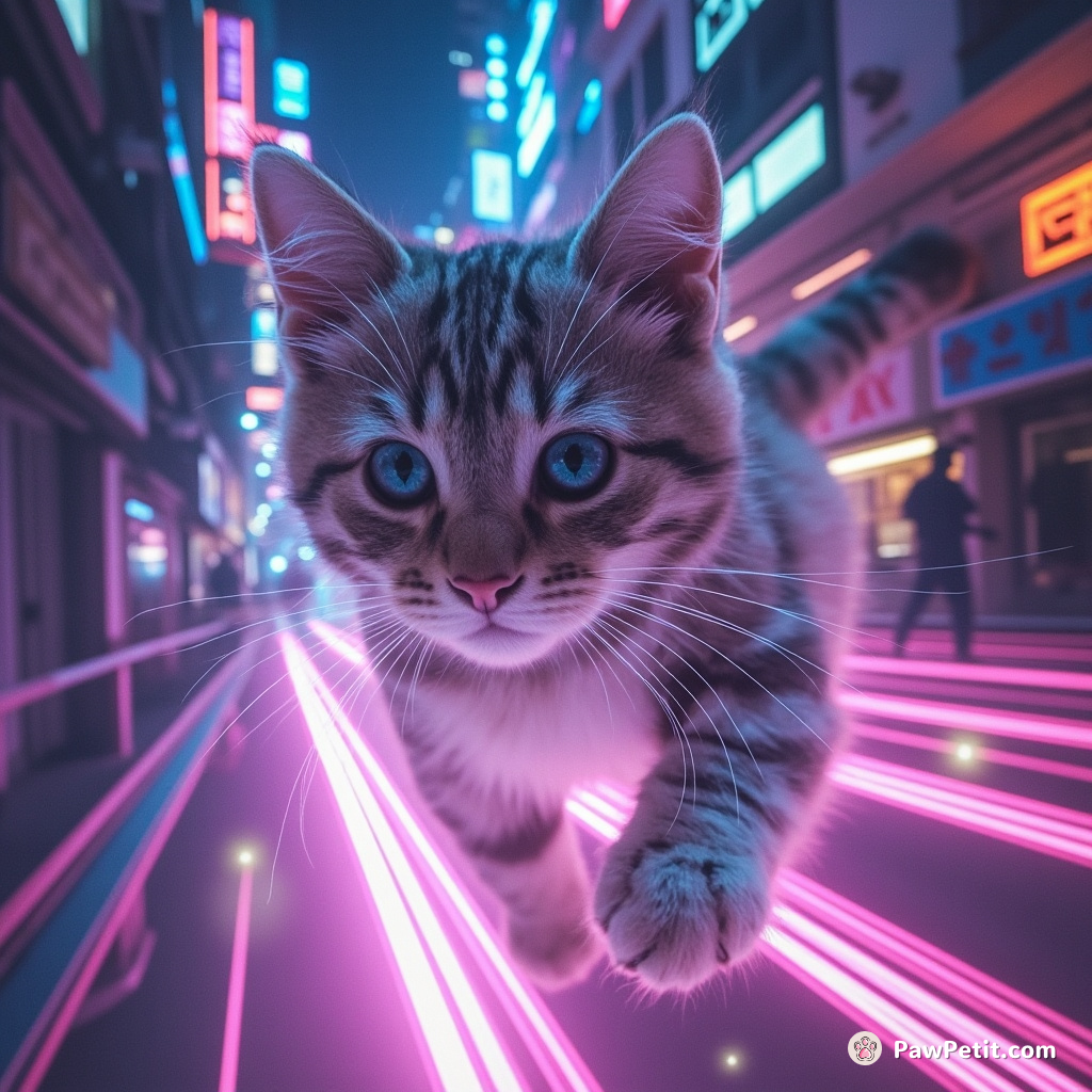 Cosmic pulses sync with feline instinct; whiskers twitch, empowering 360-degree parkour through holographic pavements bursting from the city labyrinth.