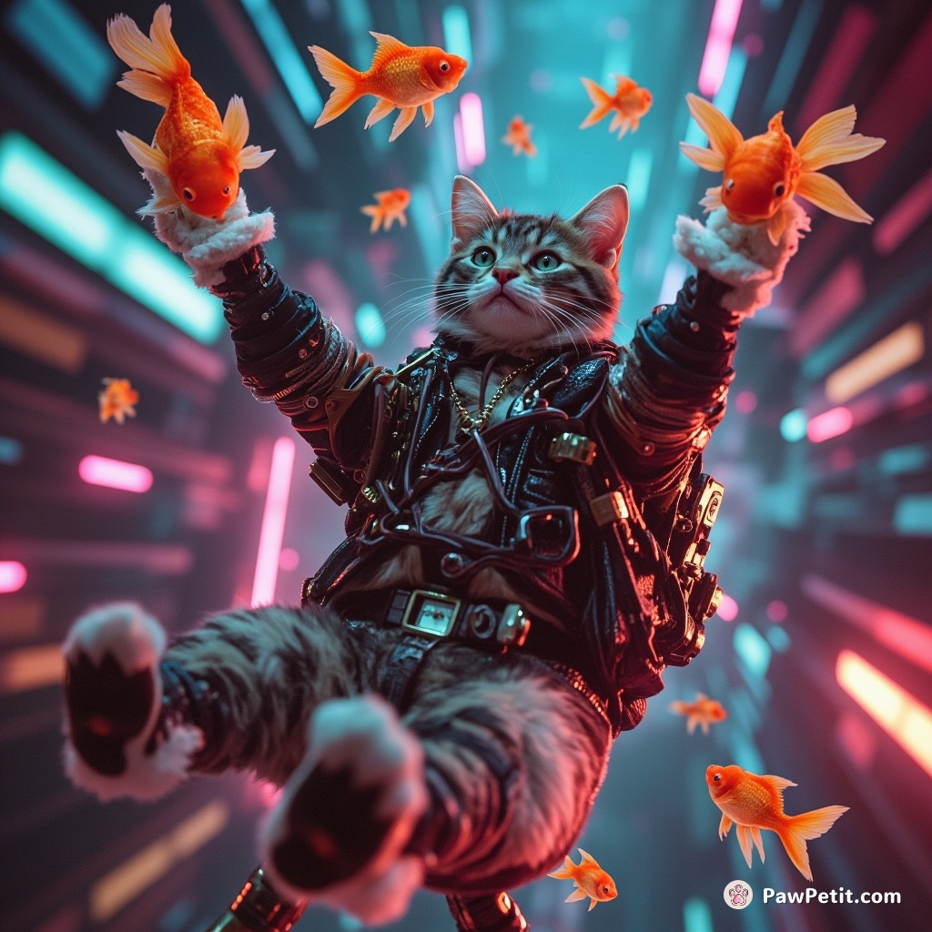 Steampunk cat experiencing zero-gravity while juggling mechanically enhanced goldfish.