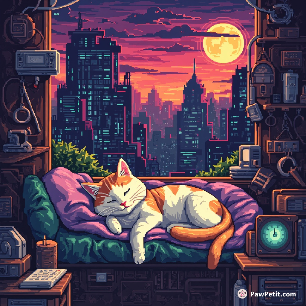 In a cataclysmic future, feline overlords enforce mandatory daily napping, disrupting the human-notion of productivity and infrastructure.