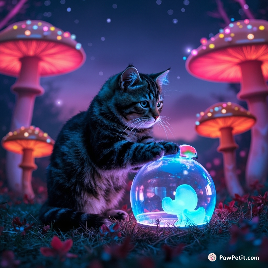 A futuristic tabby cat manipulating a holographic mouse-catcher among neon mushrooms in a bio-luminescent forest under twinkling twilight skies.