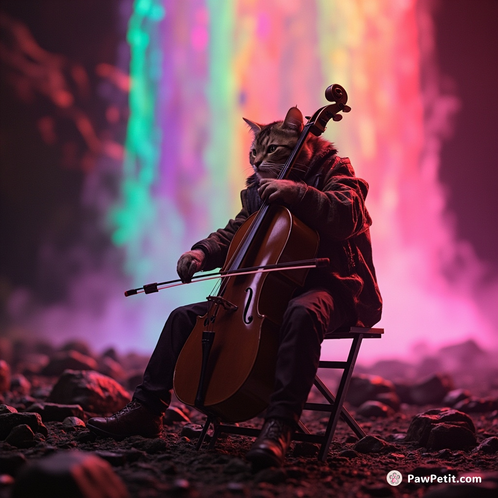 A rockstar cat playing a cello under a neon-rainbow waterfall on Mars.