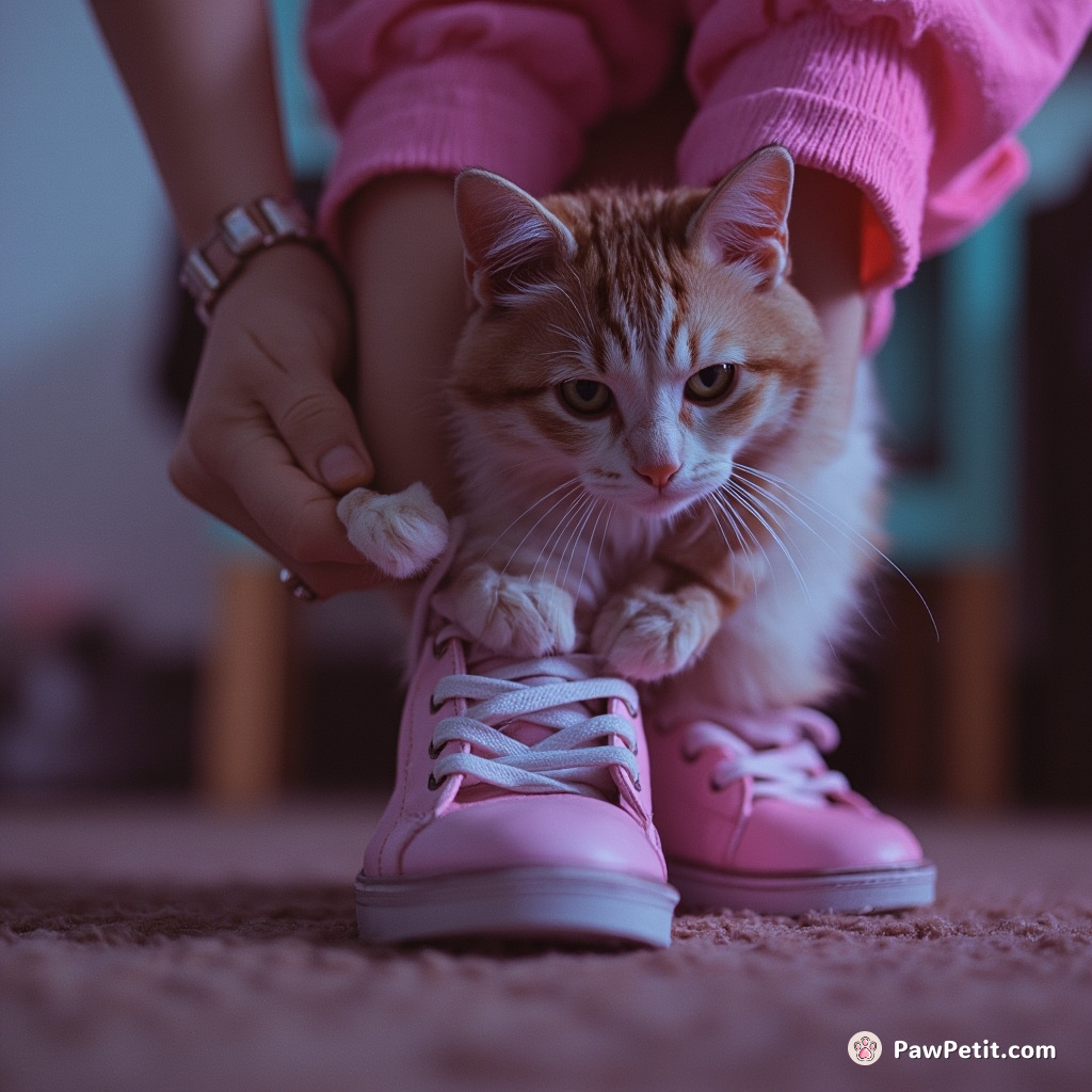 Cat earnestly ties human's shoelaces, fumbling with paws, using claws as fingers in its attempt to mimic their actions.