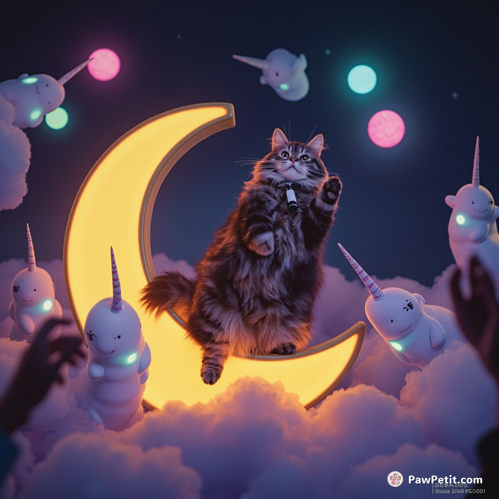 A chonky tabby cat belting out operatic arias on a floating stage shaped of moon cheese, while glow-in-the-dark narwhals hoopla over and applaud.