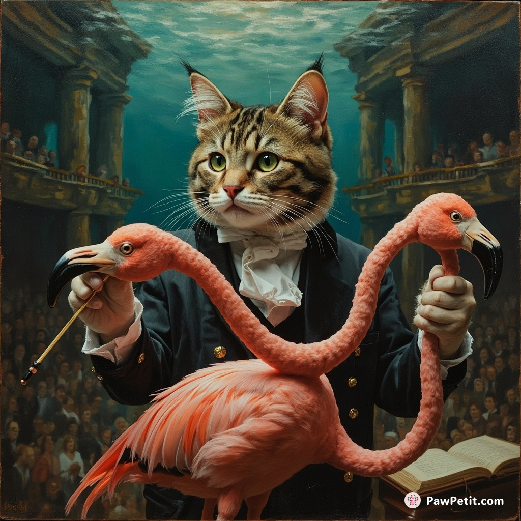 Cat portrait as a classical music conductor, expertly wielding a flamingo instead of baton in an undersea opera house.