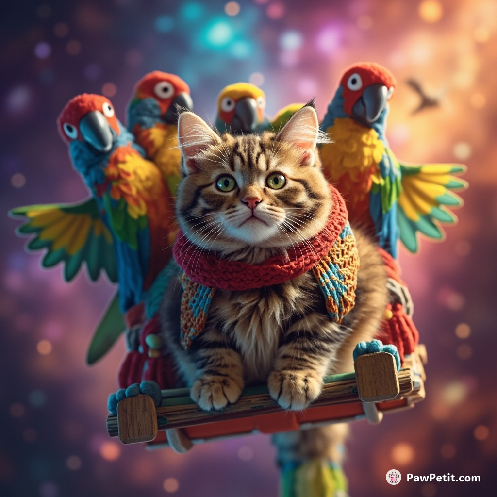 Cat commanding a sleigh of colourful parrots through a rainbow galaxy.