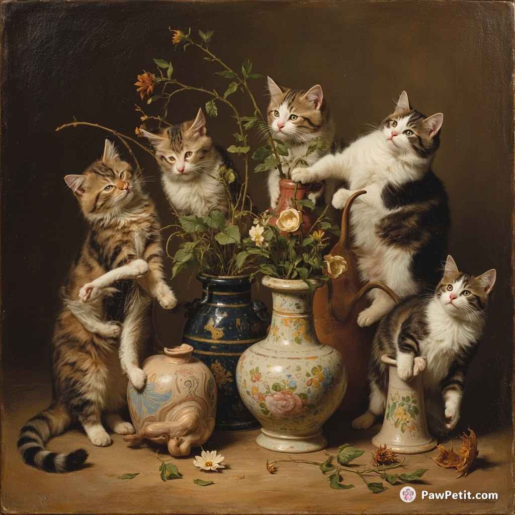 Cats secretly knock over vases in synchronized symphony, blending chaos with silent feline artistry.