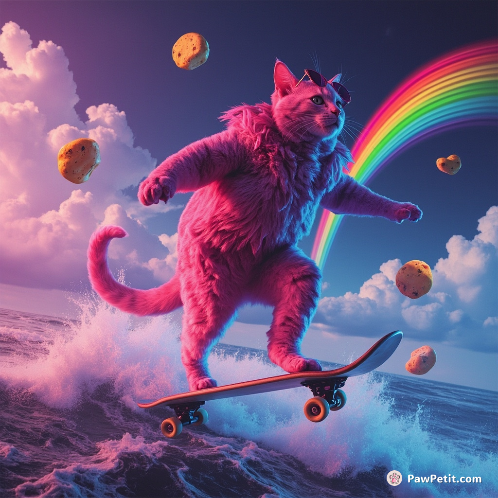 A neon fuchsia cat serenely skateboarding on a rainbow over a stormy ocean, dodging flying mozzarella cheeses with sunglasses.