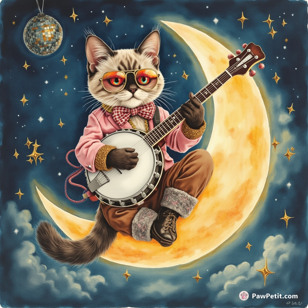 A siamese cat plucking a banjo on a disco-ball moon, wearing 80s glam attire.