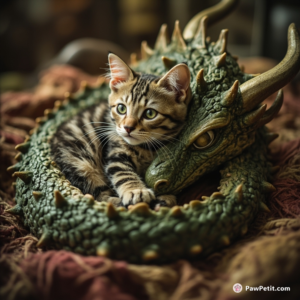 In a whimsical world, Sir Whiskers the cat vanquishes the dragon by curling into a purring, hypnotic ball.