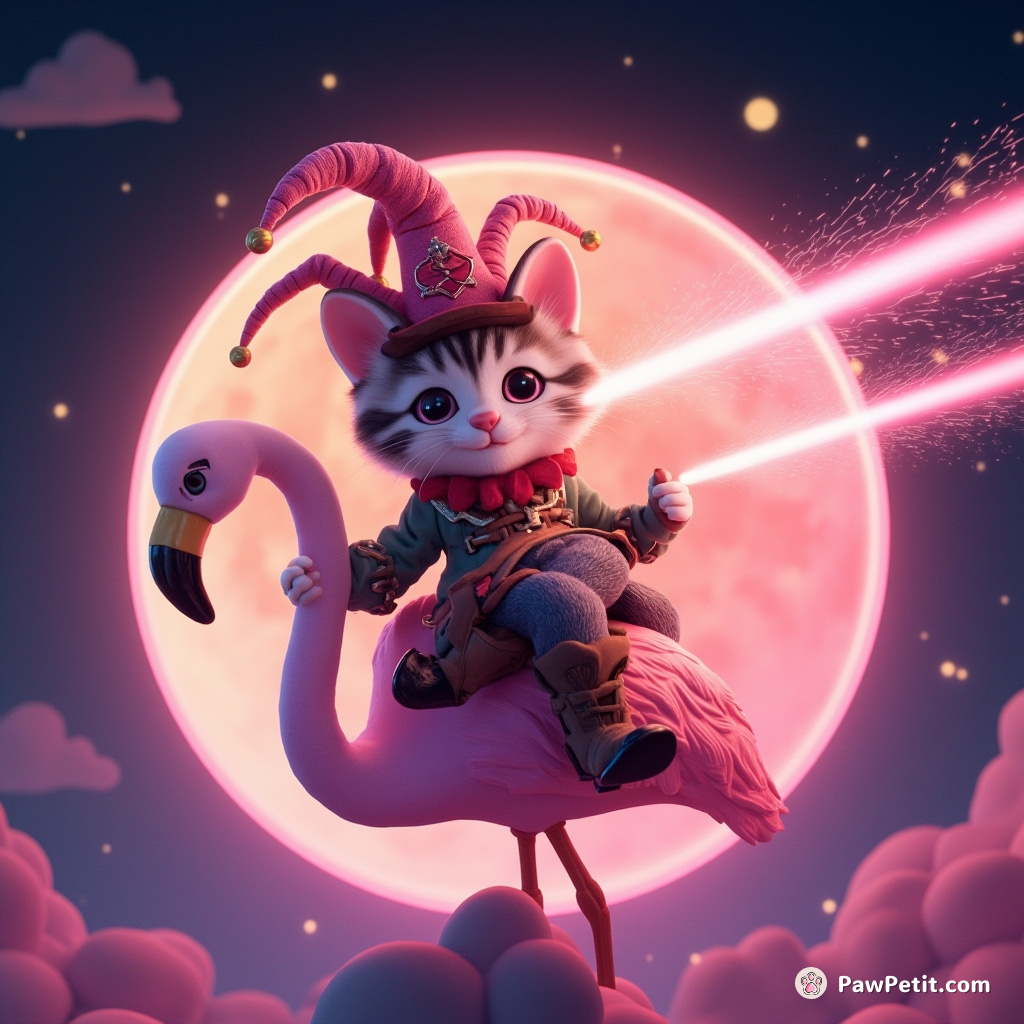 Cat riding a neon flamingo across buttercream moon, wearing cowboy boots and jester’s hat, lasers bursting from its eyes.