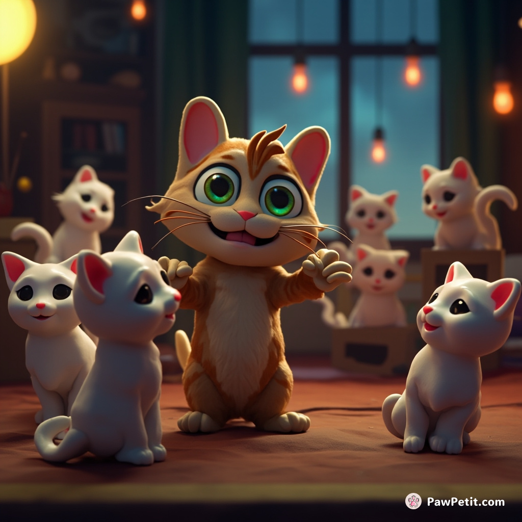 A cat teaching an evening class to ghost kittens on how to hiss suspensefully with a cinematic atmosphere.