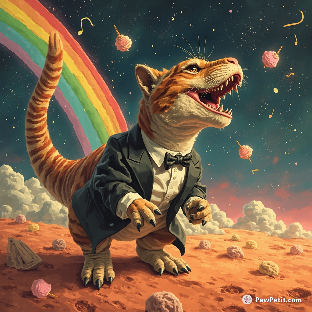 Dinosaur-sized, opera singing tabby cat wearing a dapper tuxedo, belting out high notes on Mars under an ice-cream filled rainbow.
