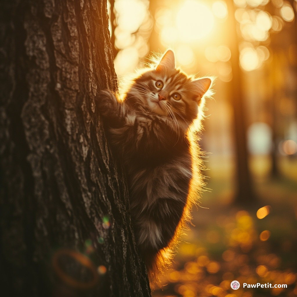 Unrivaled chaos ensues, tables toppled - fluffy feline fiercely ascends the tree trunk, heartily basking in the golden sunlight.