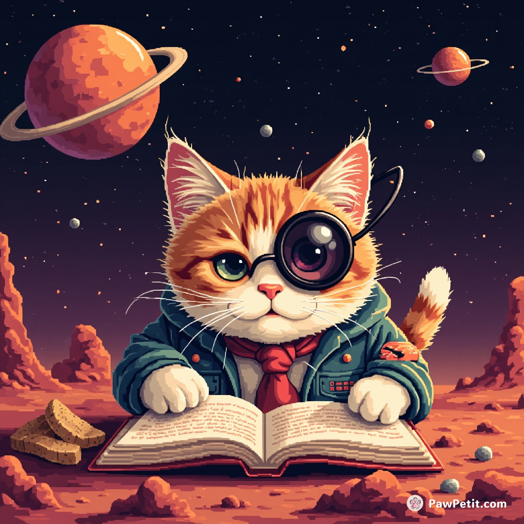 Cat wearing a monocle, reading a bizarre recipe in an alien cookbook on Mars.