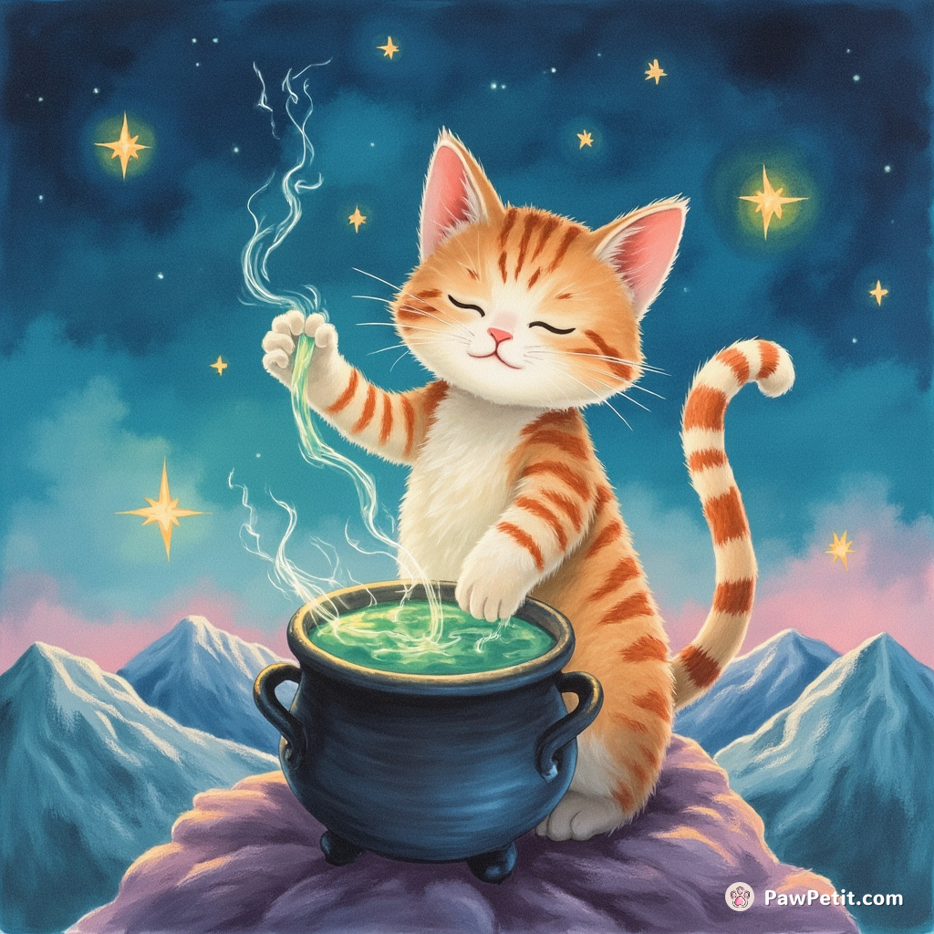 Cat stirring a magical elixir in a cauldron using its striped tail on mountaintop under a neon sky.