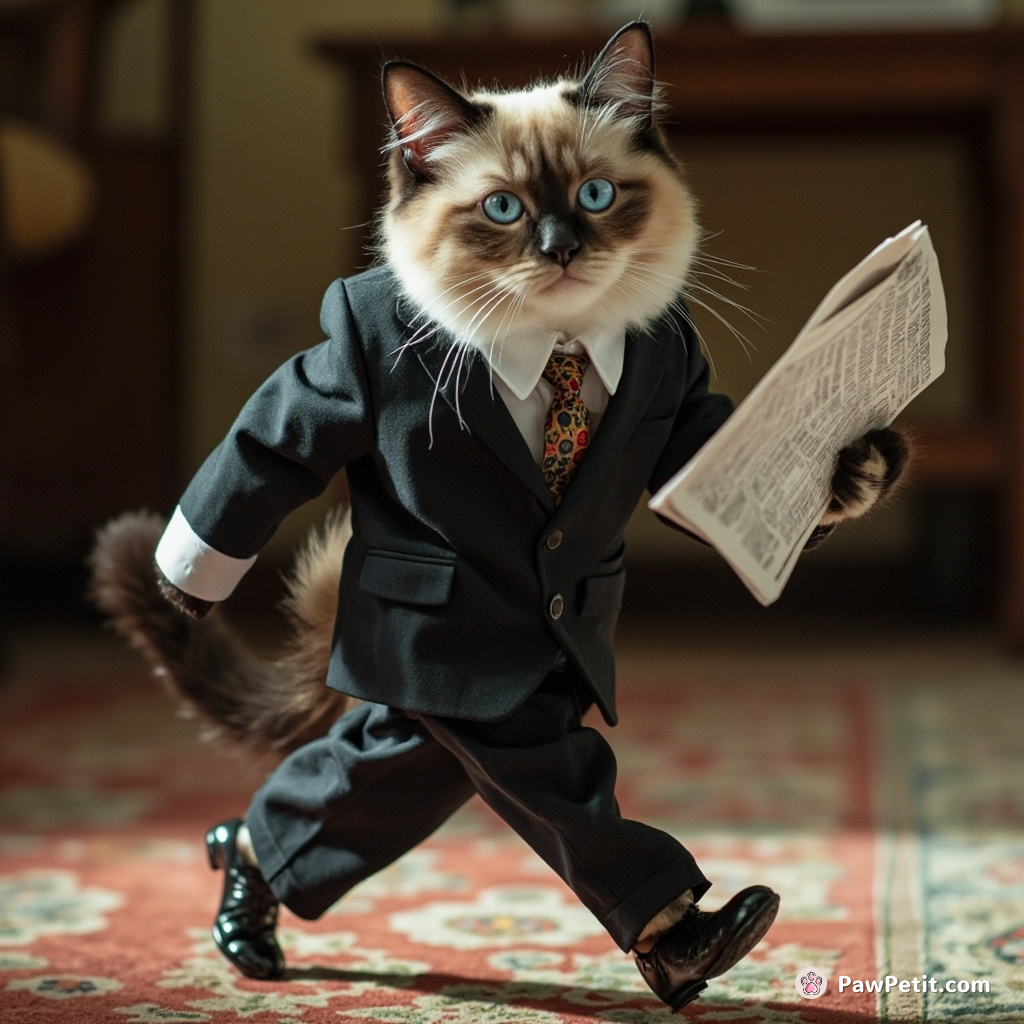Cat struts with exaggerated swagger, wearing a tiny suit and reading the newspaper with intense focus.