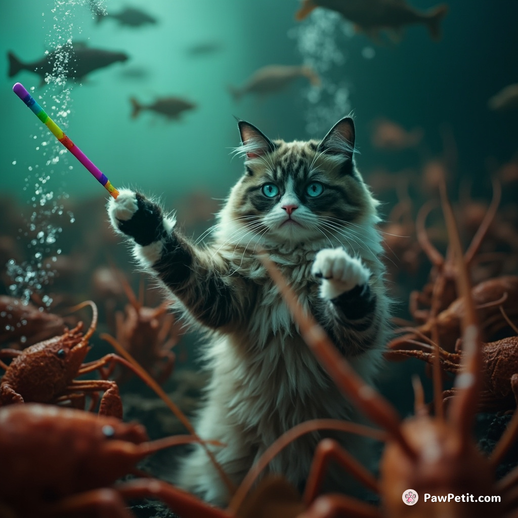 A grumpy cat conducting a symphony orchestra of lobsters underwater with its rainbow-colored baton.