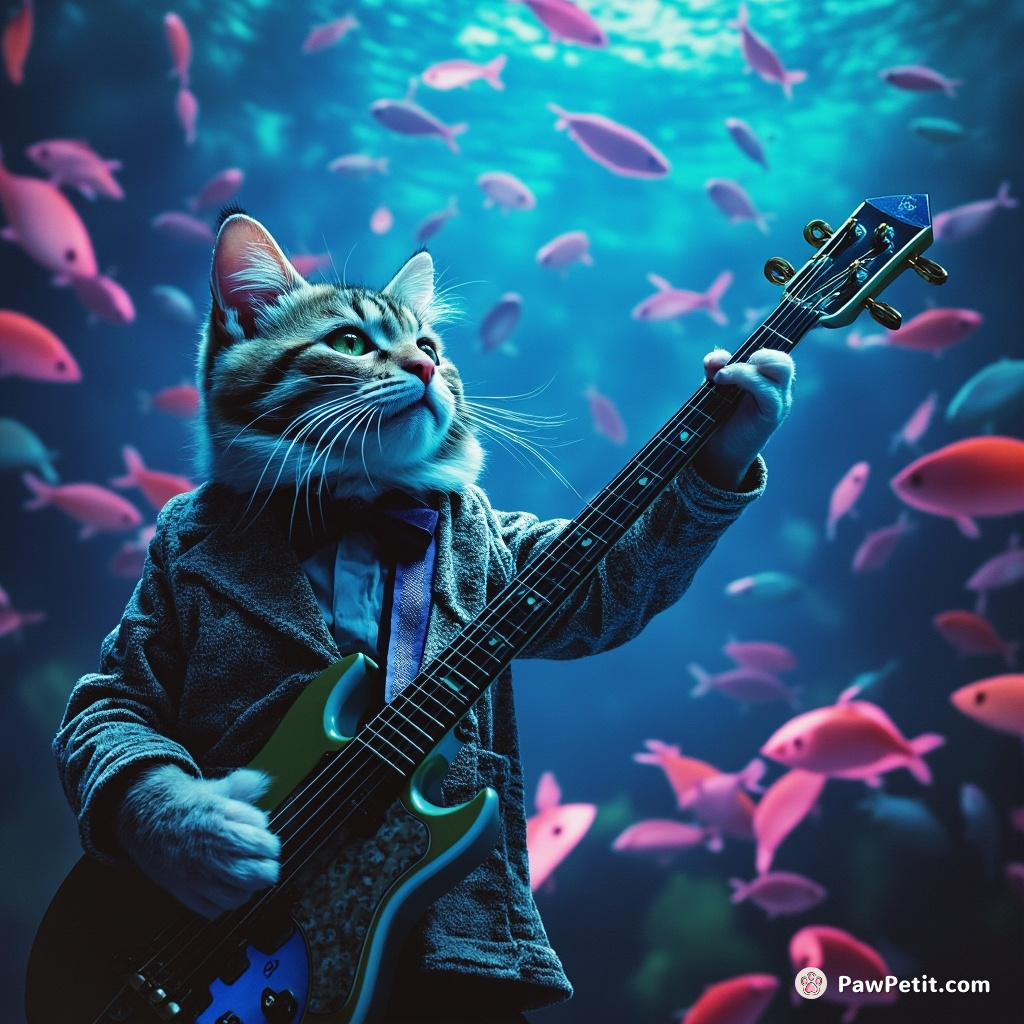 Cat conducting an orchestra of fish in a surreal underwater music concert.