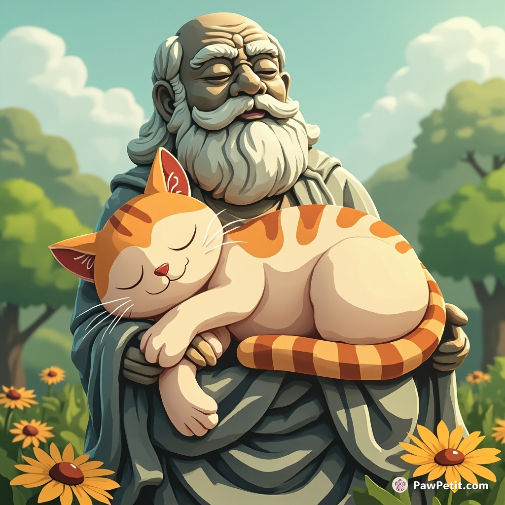Cat naps on statue; mistaken for meditating sage, hailed as peace icon.