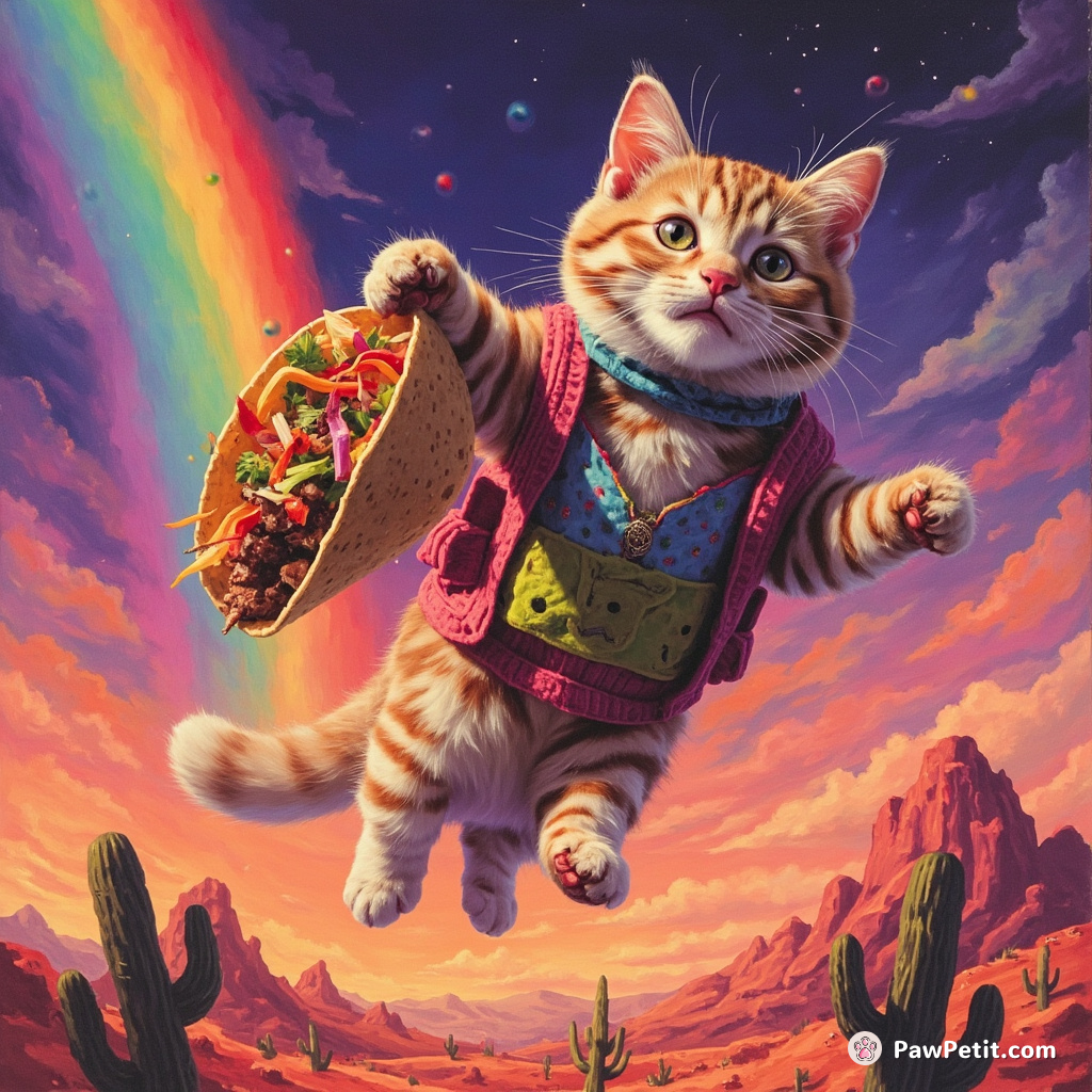 Rainbow colored cat counting flying tacos in a zero-gravity neon desert.