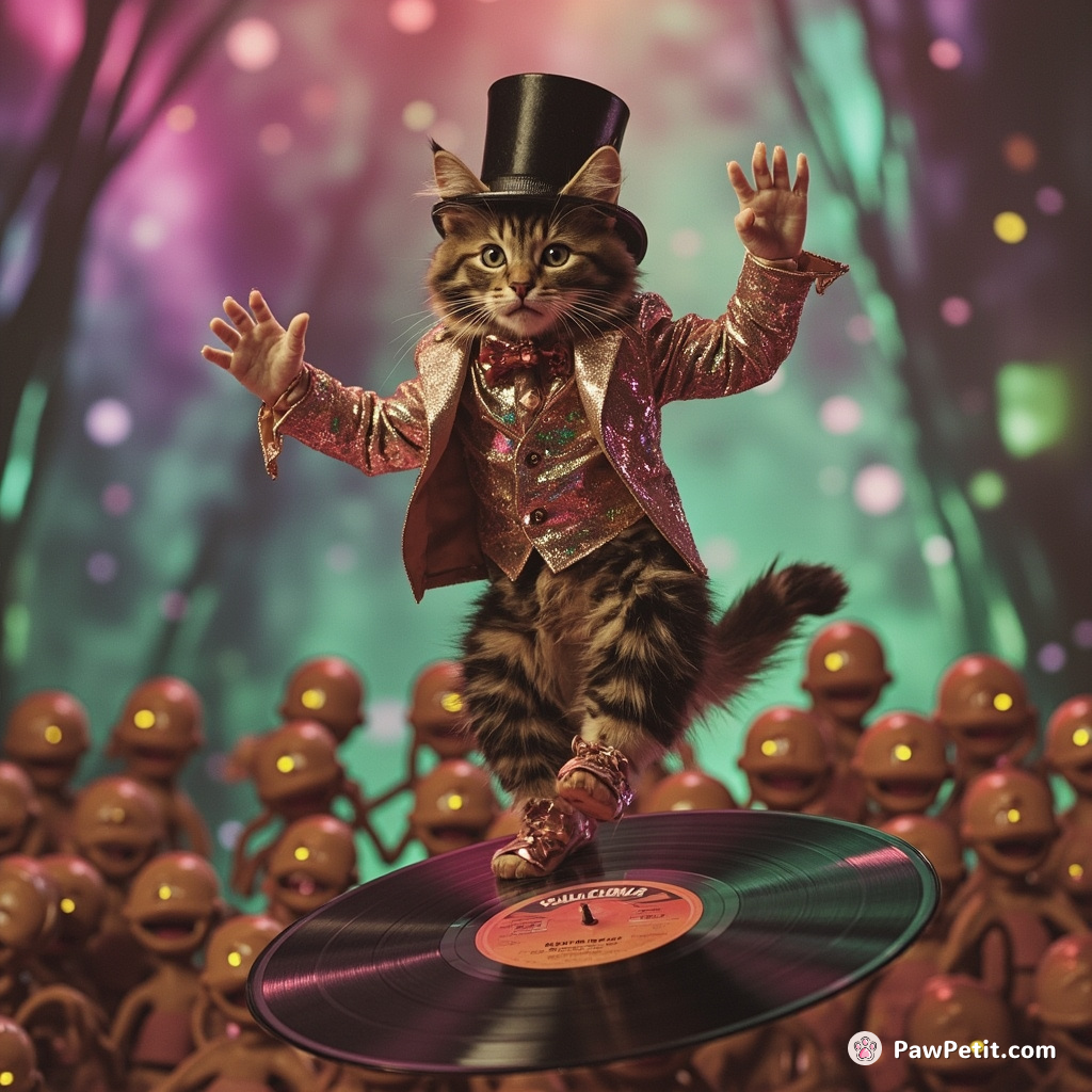 A tabby cat tap-dancing on a flying vinyl record, wearing a sequined suit and top hat, with tiny aliens as the audience.