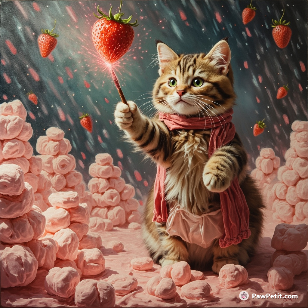 Cat holding a magic wand, casting strawberry rain over a city made of marshmallows.
