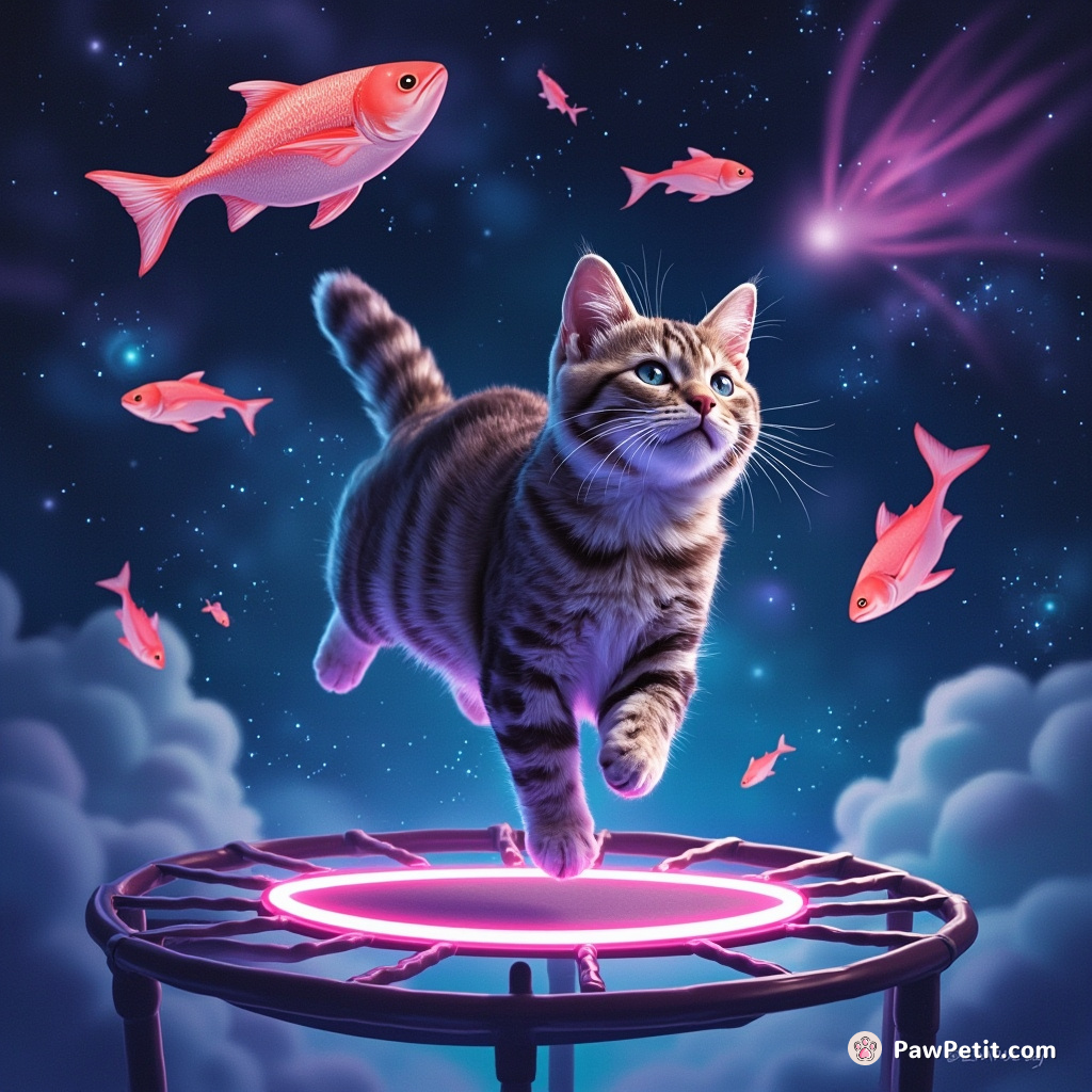Inside a neon, floating fish galaxy, the cat crafted an astral trampoline and gleefully backflipped between glowing tuna constellations.