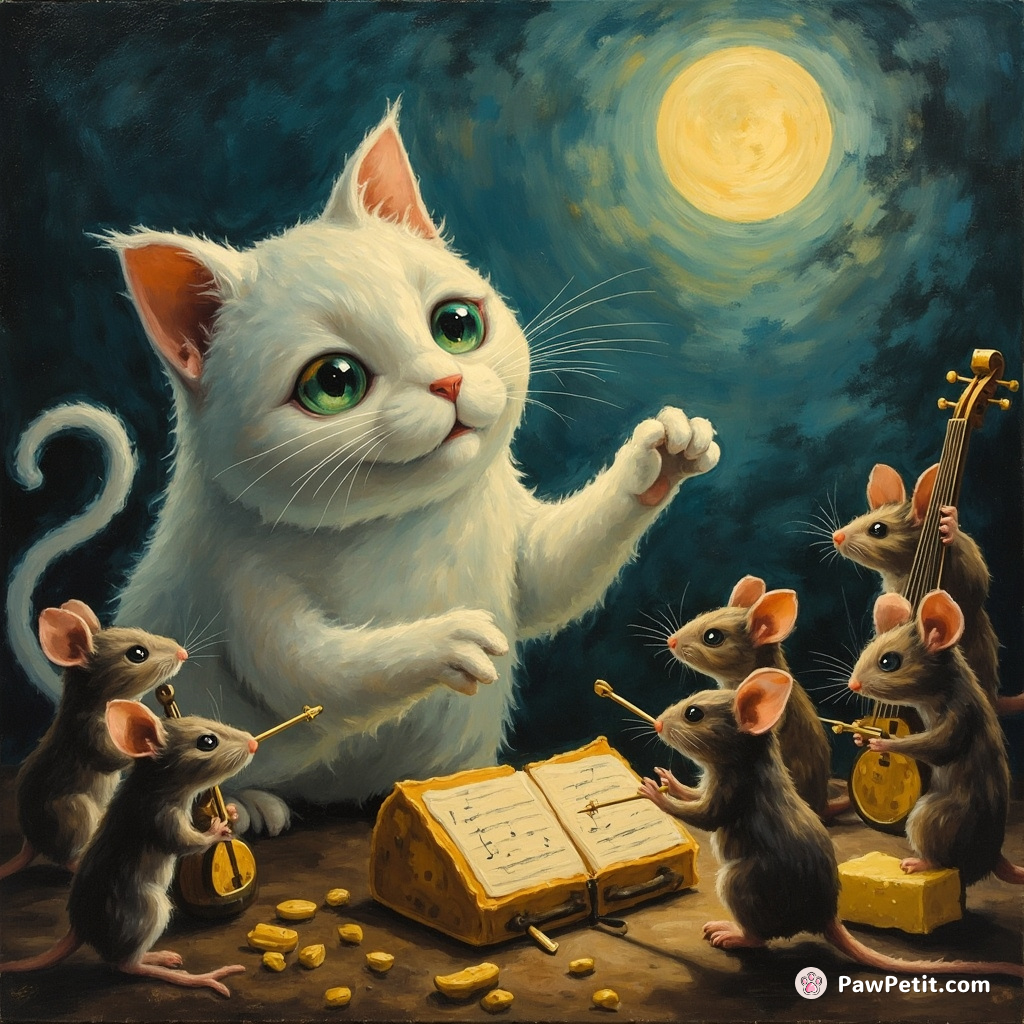 A ghost cat raising an orchestra of mice playing cheese instruments on a moon night.