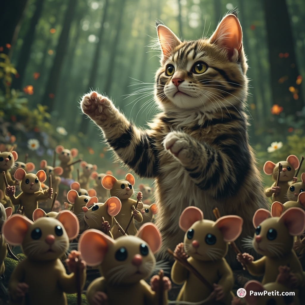 A cat conducting a symphony orchestra made entirely of mice, in an enchanted forest.