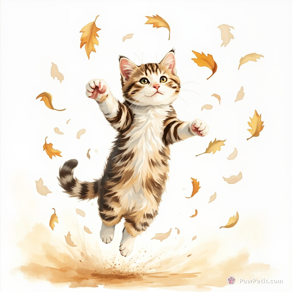 The cat leaps, paws flailing, chasing shadows and swatting at falling leaves in a whirlwind of feline chaos.