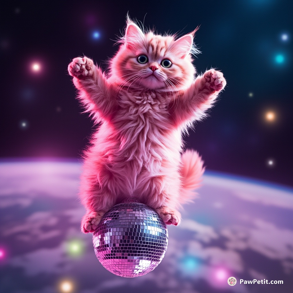 A neon pink cat breakdancing on a shiny disco ball in zero gravity space.