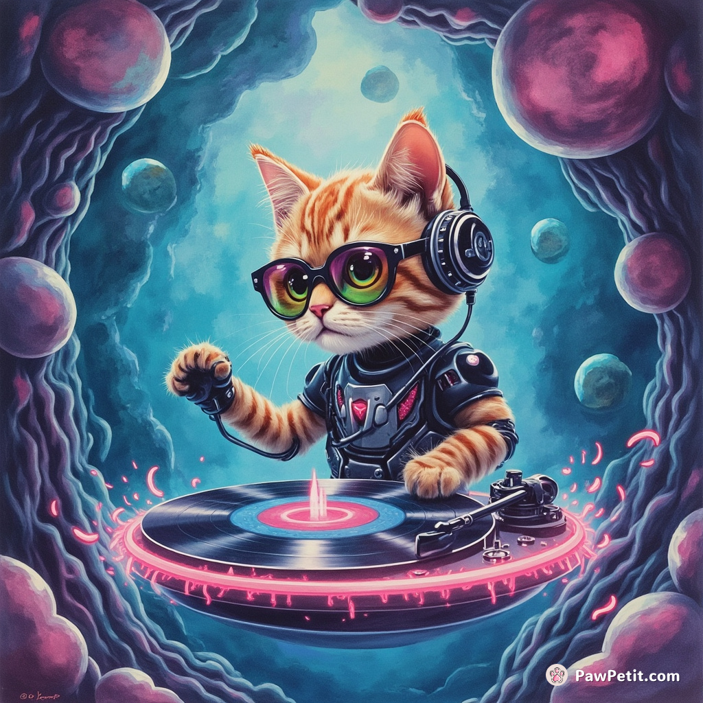 A cybernetic cat DJ spinning psychedelic grooves on a floating turntable in an underwater alien nightclub.