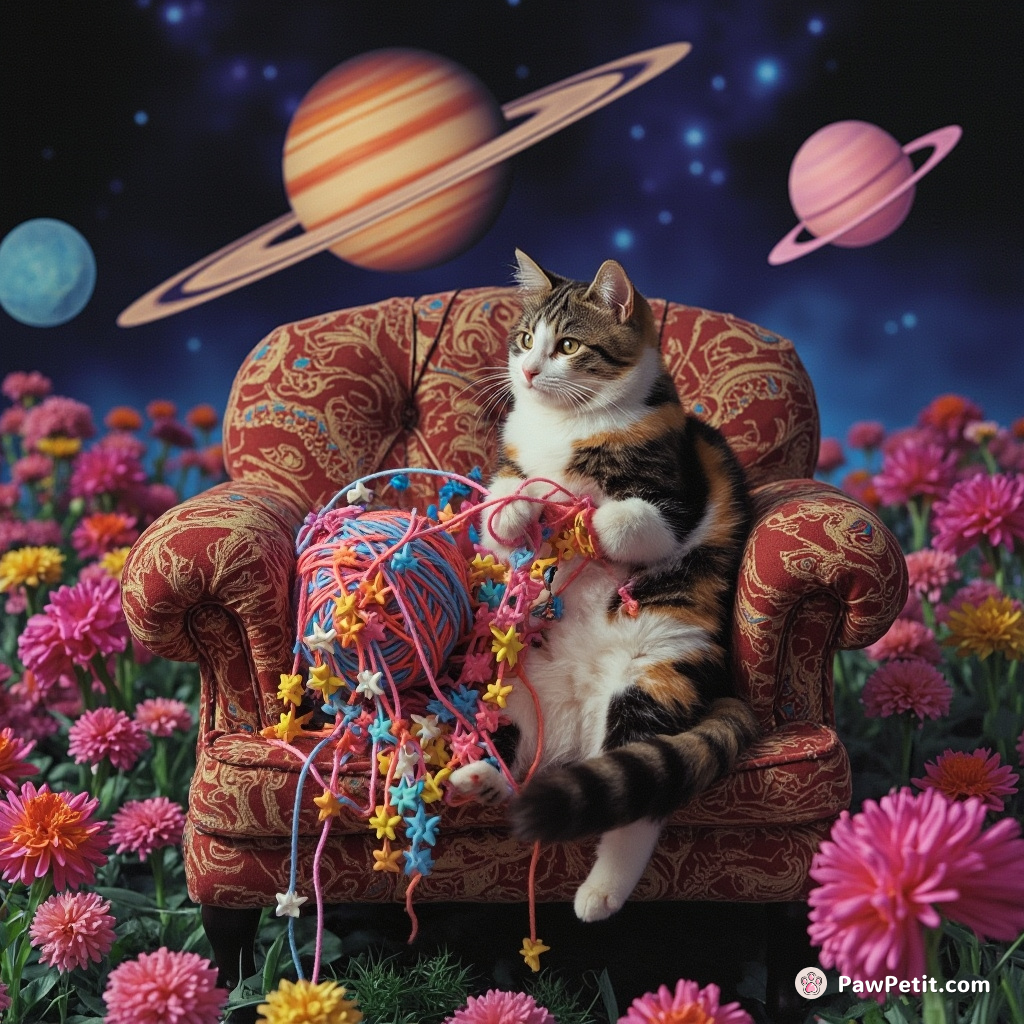 A calico cat knitting Saturn's rings with multicolored star yarn on a floating paisley couch in an intergalactic space meadow.