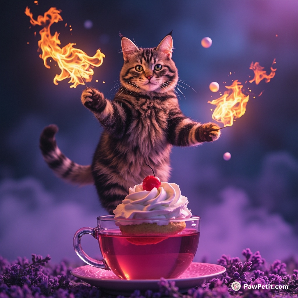 A cat juggling fireballs whilst balancing on a cream puff floating in a cup of lavender tea.