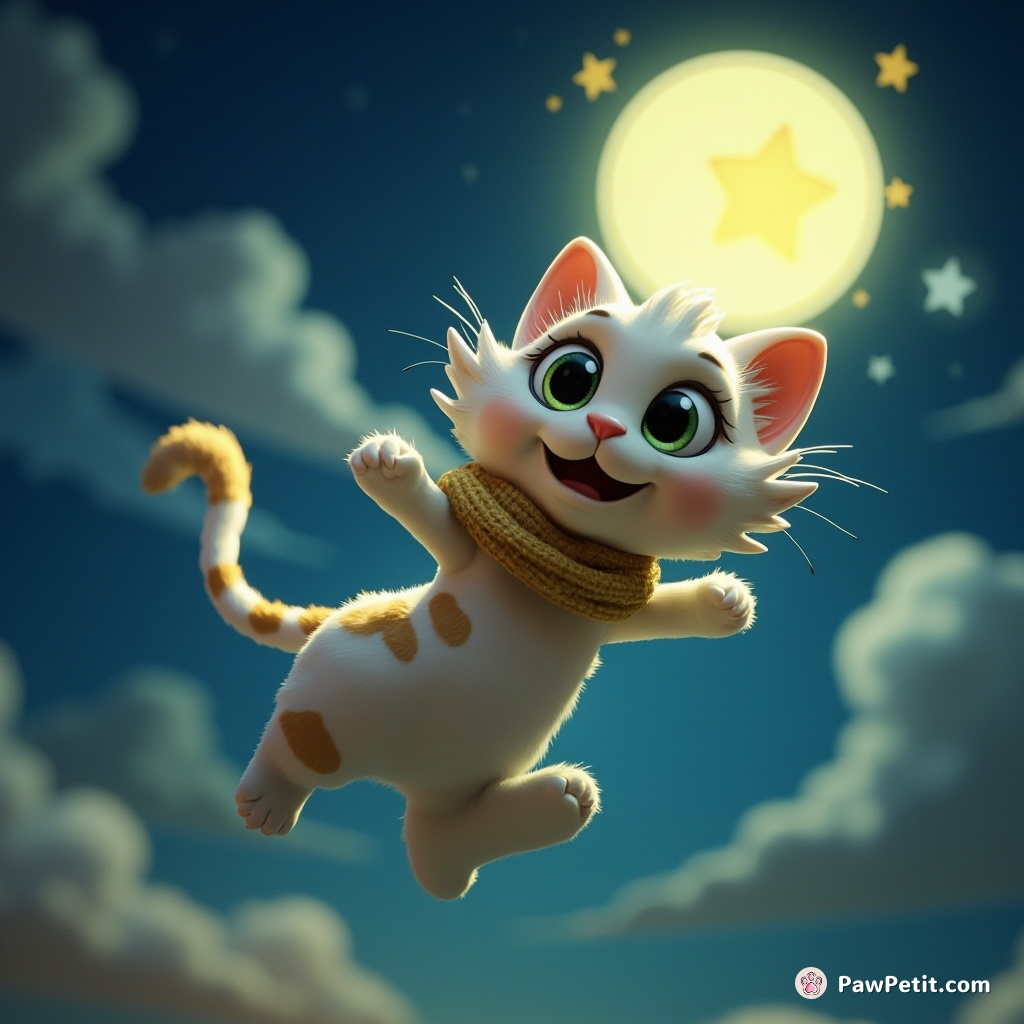 In an absurd fairy tale, Whiskers the cat **catapults** over the moon to retrieve a star for his human friend.